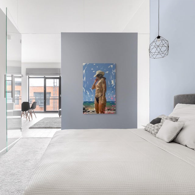 Early 21st Century Bolonia IV by Conrado López | Acrylic, Gold Leaf, and Oil on Canvas Woman in a bikini by the beach For Sale - Image 5 of 5