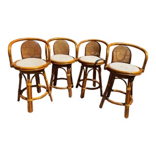1970s Bamboo & Rattan Swivel Bar Stools - Set of 4 For Sale