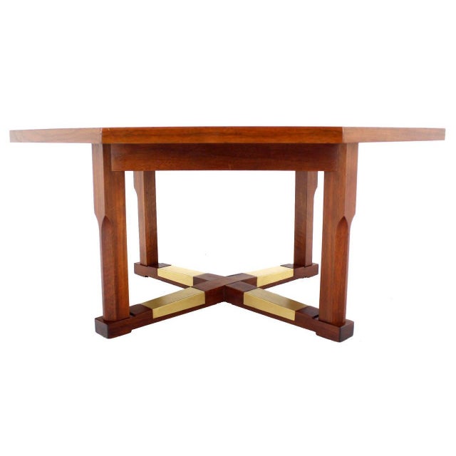 Brown Mid Century Modern Walnut X Base Inlayed Octagon Shape Coffee Table For Sale - Image 8 of 8