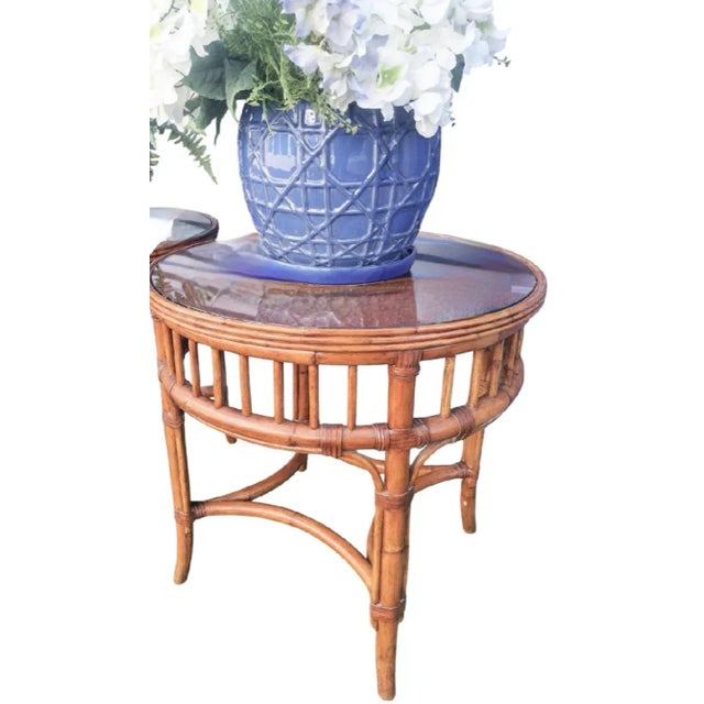 Ethan Allen Vintage Ethan Allen Large Chinese Chippendale Round Glass Wicker Top Side Tables- a Pair For Sale - Image 4 of 6