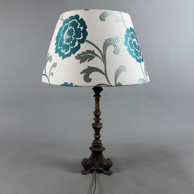 Brass Table Lamp with Fabric Lampshade, 20th Century For Sale - Image 3 of 11