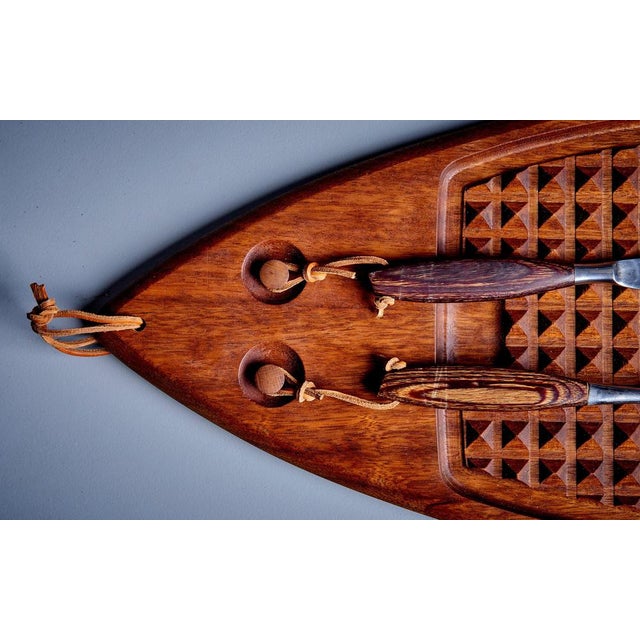 Very special unused Japanese carving board in tropical wood with very cute leather details to hang the cutlery on the...