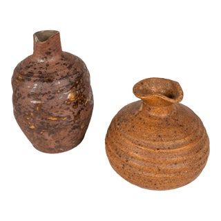 Set of Two (2) Miniature Vintage Ceramic Japanese Shigaraki Yaki Ikebana Flower Vases Vessels, Japan, C. 1960s For Sale