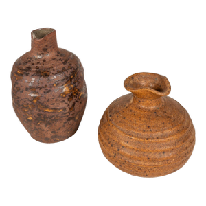 Set of Two (2) Miniature Vintage Ceramic Japanese Shigaraki Yaki Ikebana Flower Vases Vessels, Japan, C. 1960s