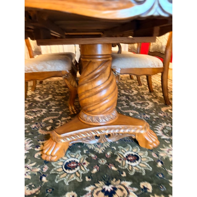 1990s 1990s Grand Traditional Italian Carved Pedestal Dining Table & 8 Damask Chairs - 9 Piece Set For Sale - Image 5 of 9