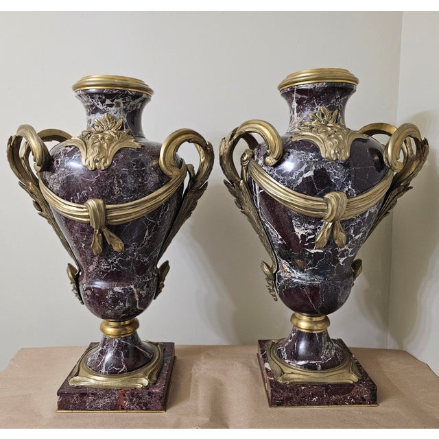 Pair Early 20th C. Louis XVI Style Mottled Lavender Marble and Gilt Bronze Ormolu Covered Urns For Sale - Image 11 of 13