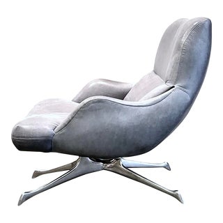1990s Vladimir Kagan Vk Armchair, Gray Blue Leather Lounge Chair, Polished Base For Sale