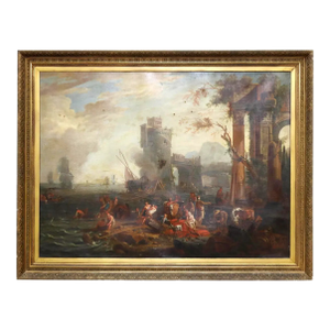 Oil on Canvas, "Capriccio of a Harbor", Framed, 18th C, 1700s Antique Painting
