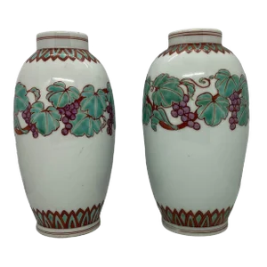Mid 20th Century Japanese Kutani Celadon Shaped Porcelain Vases With Grapevine Design - a Pair