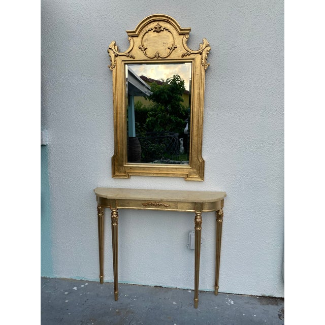 Neoclassical 1950s Restored Neoclassical Gilt Console Table & Mirror Set With Polished Stone Top | Hand-Finished Gold Leaf For Sale - Image 3 of 9