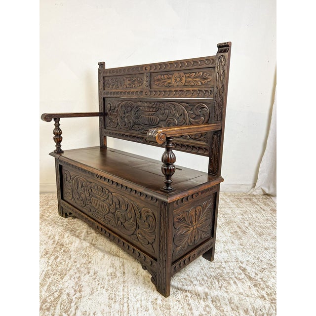 Antique French Normandy Carved Oak Bench Chest For Sale - Image 4 of 11