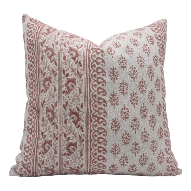Designer Hand Block Printed Thick Linen Throw Pillow Cover 22x22 Inch- Floral Bagh For Sale