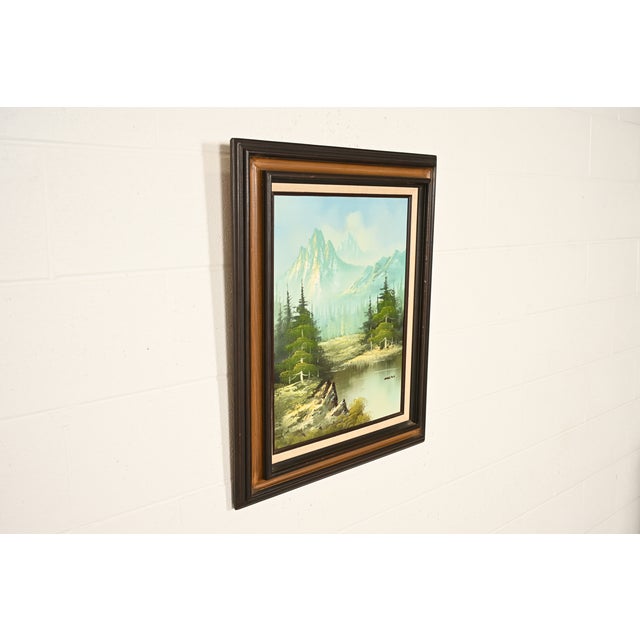 Bob Ross Style Original Signed Mountain River Landscape Oil Painting in Carved Wood Frame For Sale - Image 4 of 16