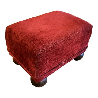 Small Burgundy Chenille Footstool With Round Feet For Sale