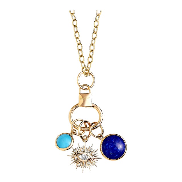 Syna Yellow Gold Three Charms with Evil Eye, Gemstones and Diamonds For Sale