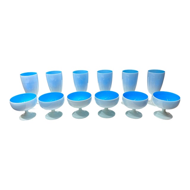 1960s Carlo Moretti Murano Tiffany Blue and White Cased Stemware Wine Goblets & Compotes - Set of 12 For Sale