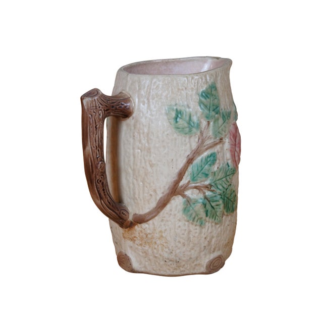 Antique Majolica Arsenal Pottery creamer pitcher / jug / carafe featuring a tree bark motif with wild roses and branch...