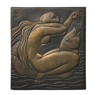 Brass Plaque Depicting a Woman and a Dolphin, France, 1960s For Sale