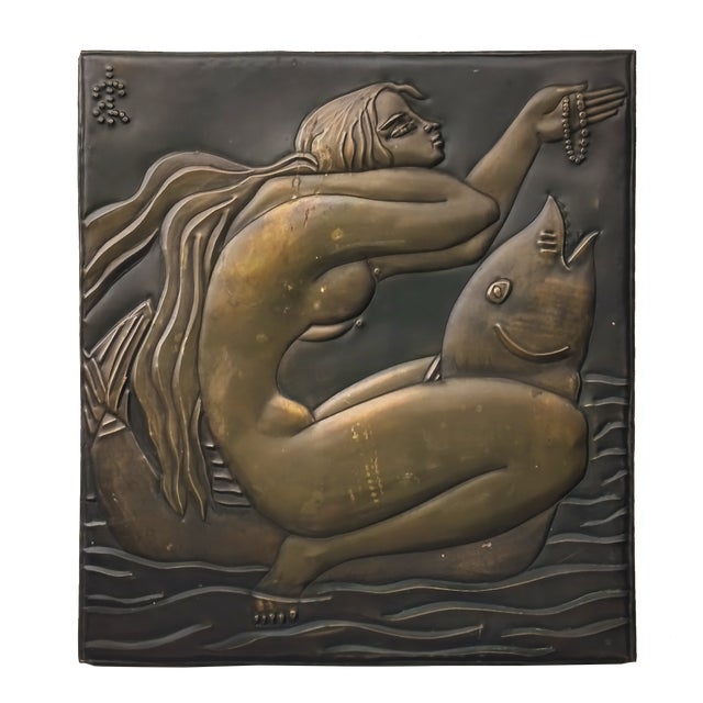 Brass Plaque Depicting a Woman and a Dolphin, France, 1960s For Sale
