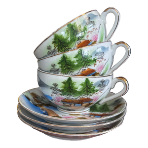 1930s Japanese Kutani Lithophane Cup & Saucer Set of 3 Taisho Showa Fuji Signed