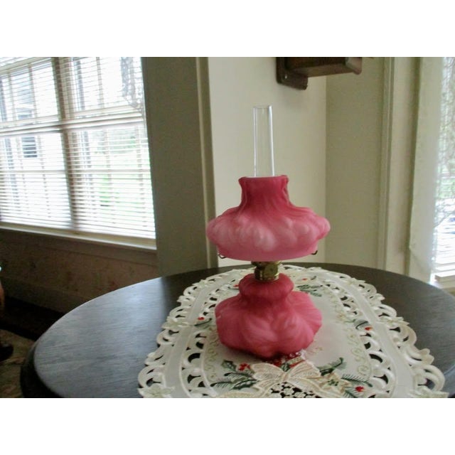Vintage Fenton Lg Wright Mini Pink Satin Puffy Plume/Rose Oil Lamp Ex Condiction For Sale In South Bend - Image 6 of 9