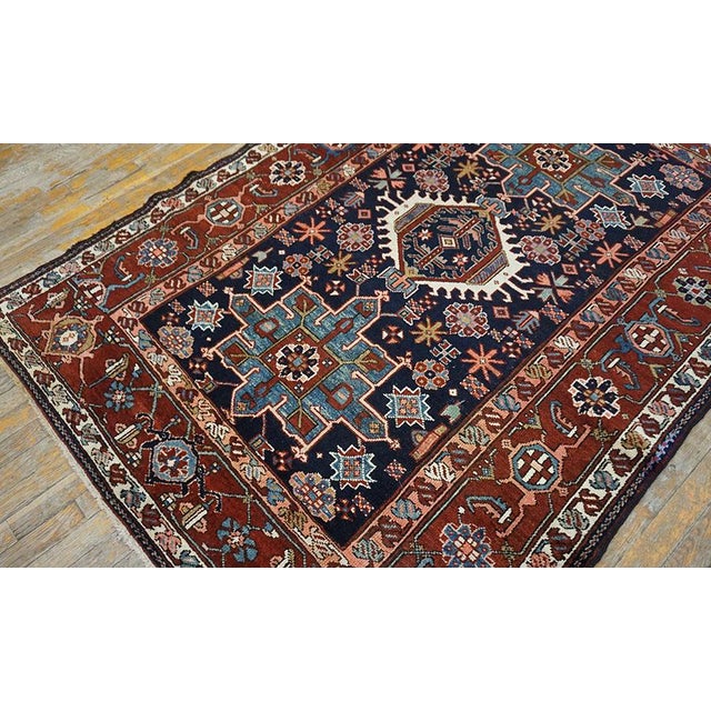 Excellent Navy Background With Symmetric Knots Geometric Pattern Antique Persian Karajeh Rug For Sale - Image 12 of 15