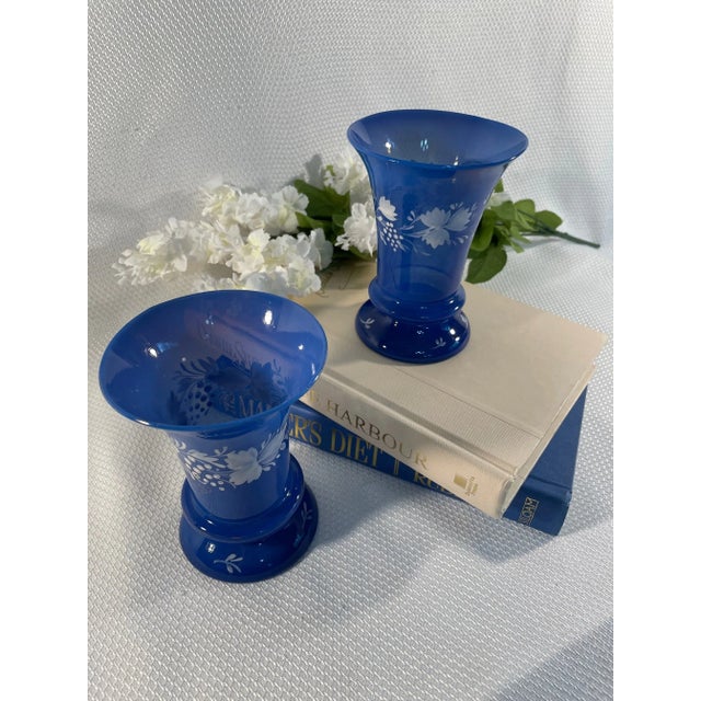 Small Vintage Royal Blue Hand Painted Opaline Vases - a Pair For Sale - Image 10 of 11