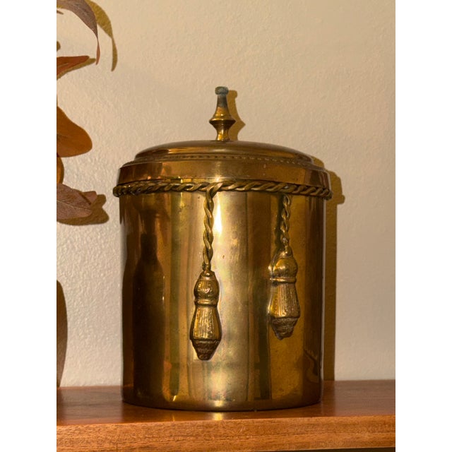 Late 20th Century Vintage Hollywood Regency Brass Lidded Canister With Rope & Tassel Motif For Sale - Image 5 of 9