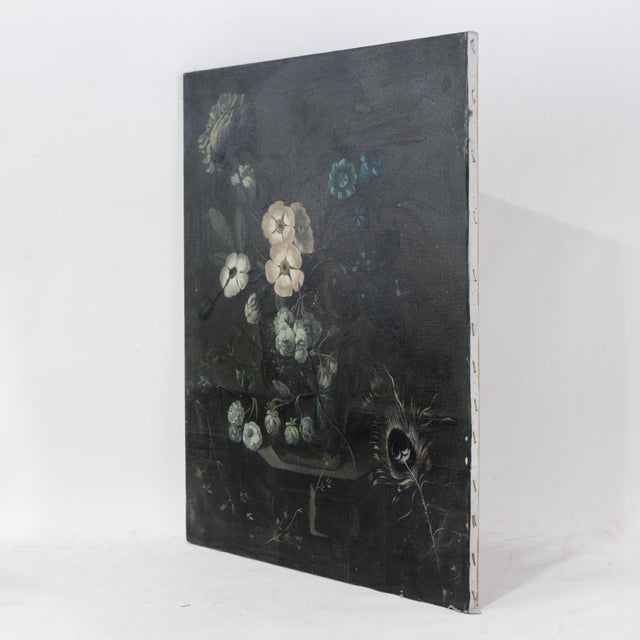 Vintage Dark Floral Still Life Oil Painting on Canvas With Peacock Feather For Sale - Image 4 of 10