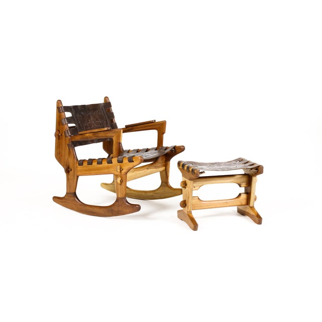 #2204 – Vintage Mid Century Modernist Wood + Leather Rocking Chair + Ottoman Set – Angel Pazmino Great vintage rocking...