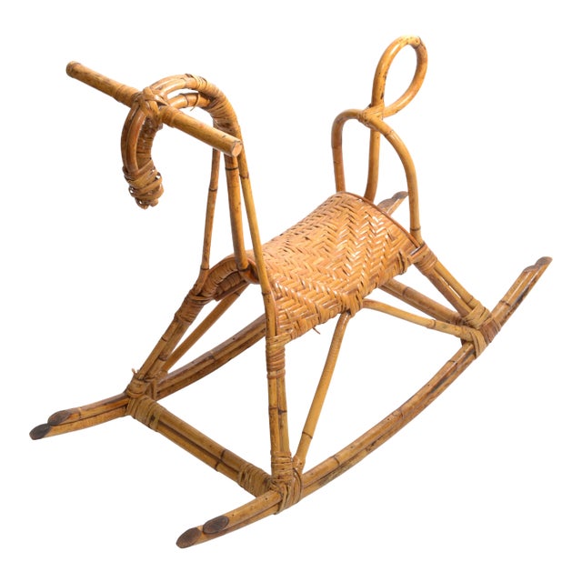 Vintage Franco Albini 1960 Rattan Cane & Bamboo Rocking Horse, Animal Sculpture Italy For Sale