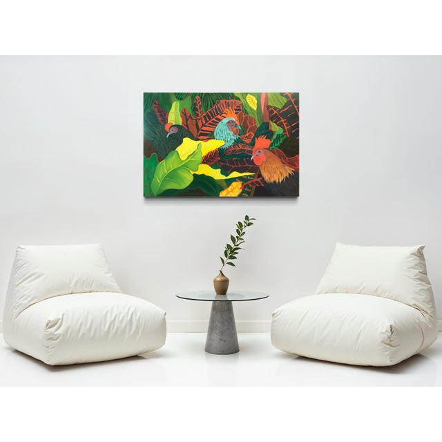 Marc Zimmerman "Lost and Found Chickens" Oil Painting, Tropical Chickens in Botanical Setting, Deep Green and Red, Contemporary Art West Coast For Sale - Image 10 of 11