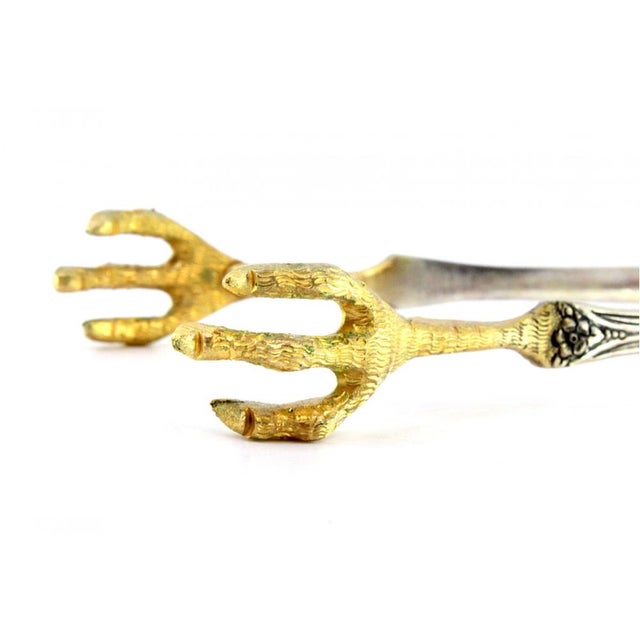 Silver Ice Tongs in the Shape of Golden Bird Claws For Sale - Image 3 of 8
