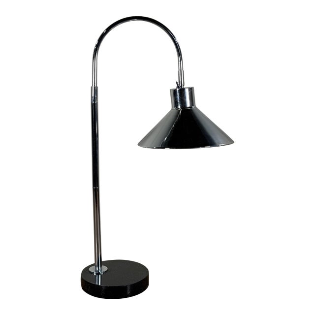 Vintage Koch & Lowy Style Chrome Gooseneck Desk Lamp With Black Granite Base For Sale