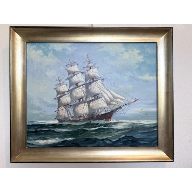 A striking large-scale oil on canvas painting depicting a majestic sailing ship navigating open waters under a soft,...