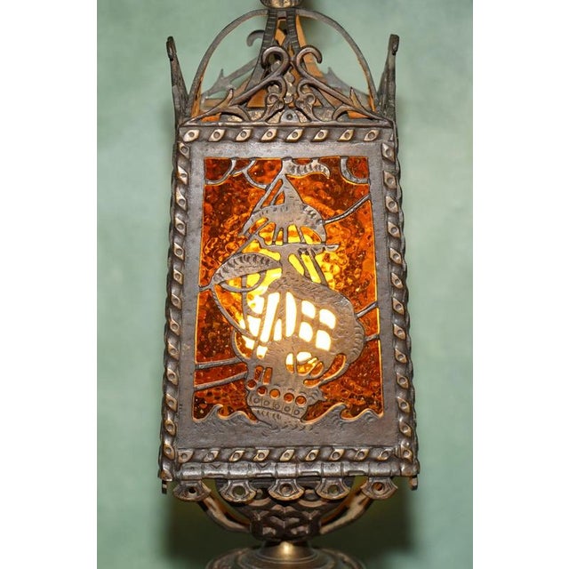 Metal American Gothic Revival Bronze and Amber Glass Ship Lantern Floor Lamps, 1920, Set of 2 For Sale - Image 7 of 18