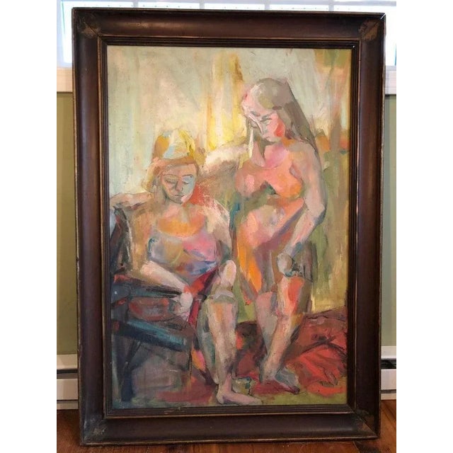 Mid-Century Modern Large Picasso Style Mid-Century Modern Oil on Board of Women For Sale - Image 3 of 13