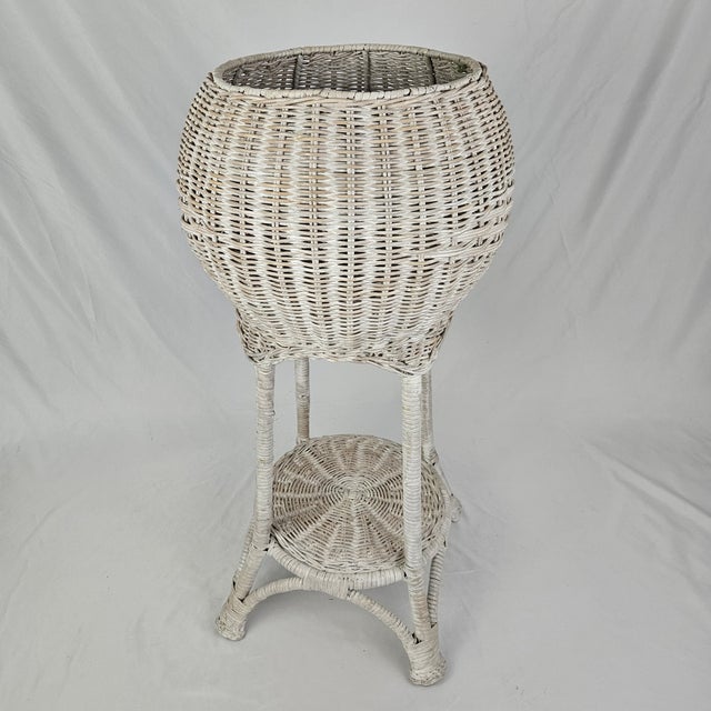 Vintage White Wicker Planter Plant Stand Holder For Sale - Image 4 of 5