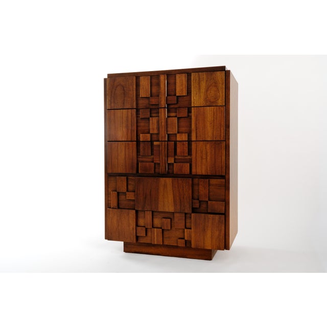 Lane  brutalist Mid-Century Lane Staccato Brutalist Walnut Highboy Dresser For Sale - Image 4 of 4