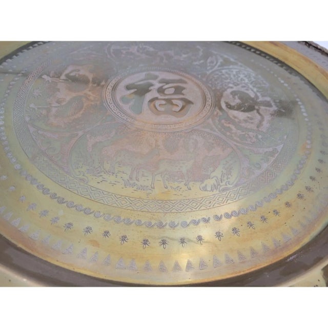 Vintage Asian Etched Hammered Brass Tray For Sale - Image 4 of 6