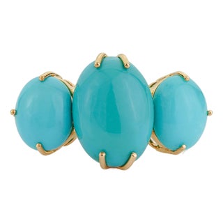 18k Solid Gold Oval 15.78ct Turquoise Three Stone Victorian Ring Size 4 For Sale