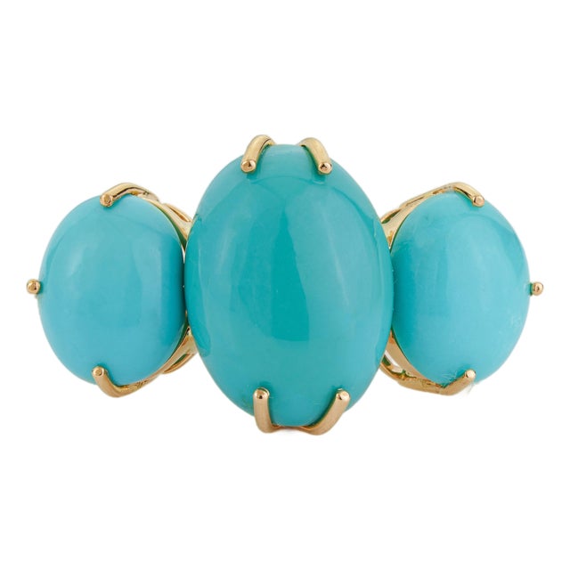 18k Solid Gold Oval 15.78ct Turquoise Three Stone Victorian Ring Size 4 For Sale
