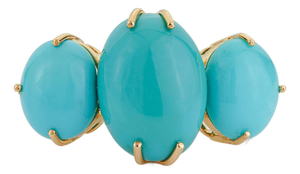 18k Solid Gold Oval 15.78ct Turquoise Three Stone Victorian Ring Size 4