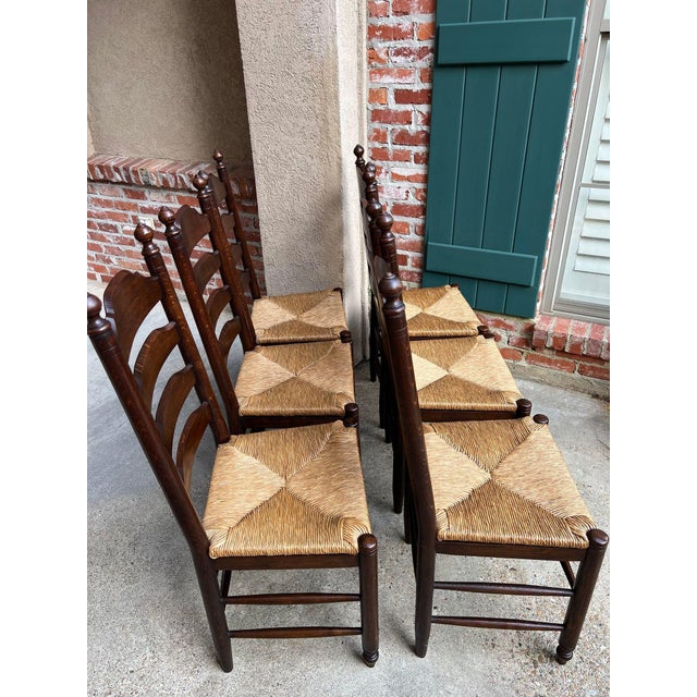 Vintage English Dining Chairs Set 6 Oak Ladder Back Rush Seat Woven For Sale - Image 11 of 18