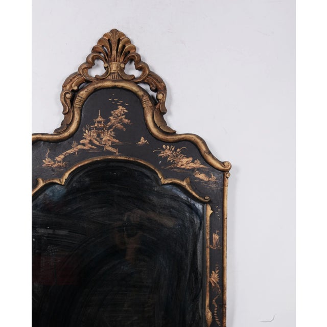 Vintage Wooden Carving Frame Mirror With Chinoiserie Design of Pagoda and Boat, Figurines, Etc. For Sale - Image 4 of 6