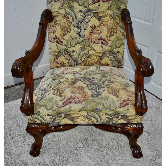 1950s Renaissance Revival Armchair High Back Carved Floral Tapestry For Sale - Image 12 of 13