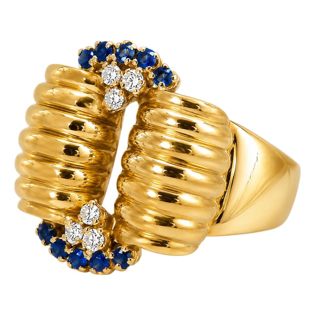 18K Yellow Gold Antique Estate Diamond & Sapphire Designer Handmade Ring For Sale