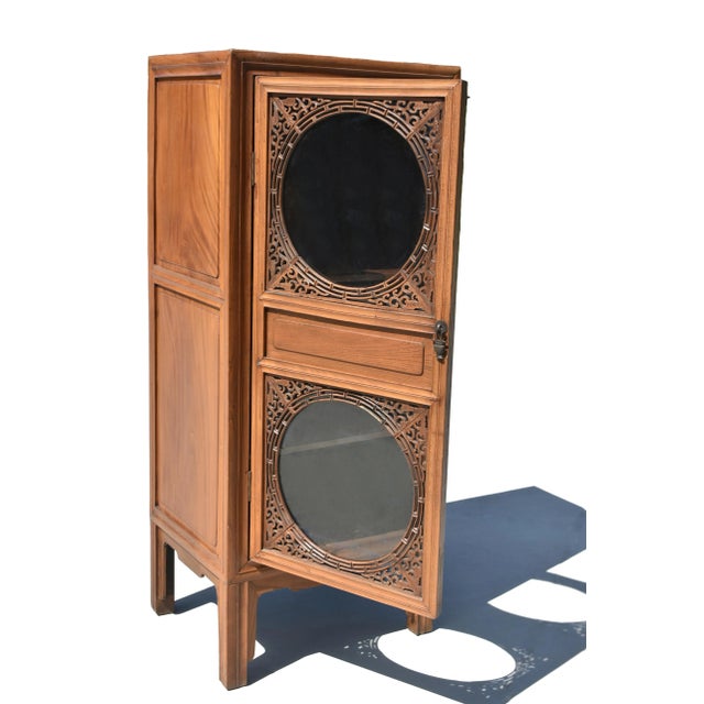 Brown Vintage Chinese Linen Press Cabinet With Glass Door For Sale - Image 8 of 13