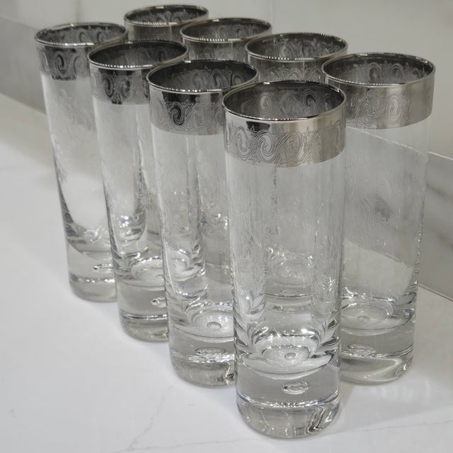 Vintage Etched Floral Highball Glasses With Silver Overlay Scroll Rims and Bubble Bases, Set of 8 For Sale - Image 4 of 11
