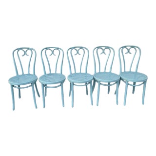 Vintage Blue Cane Bent Wood Dining Chairs - Set of 5 For Sale